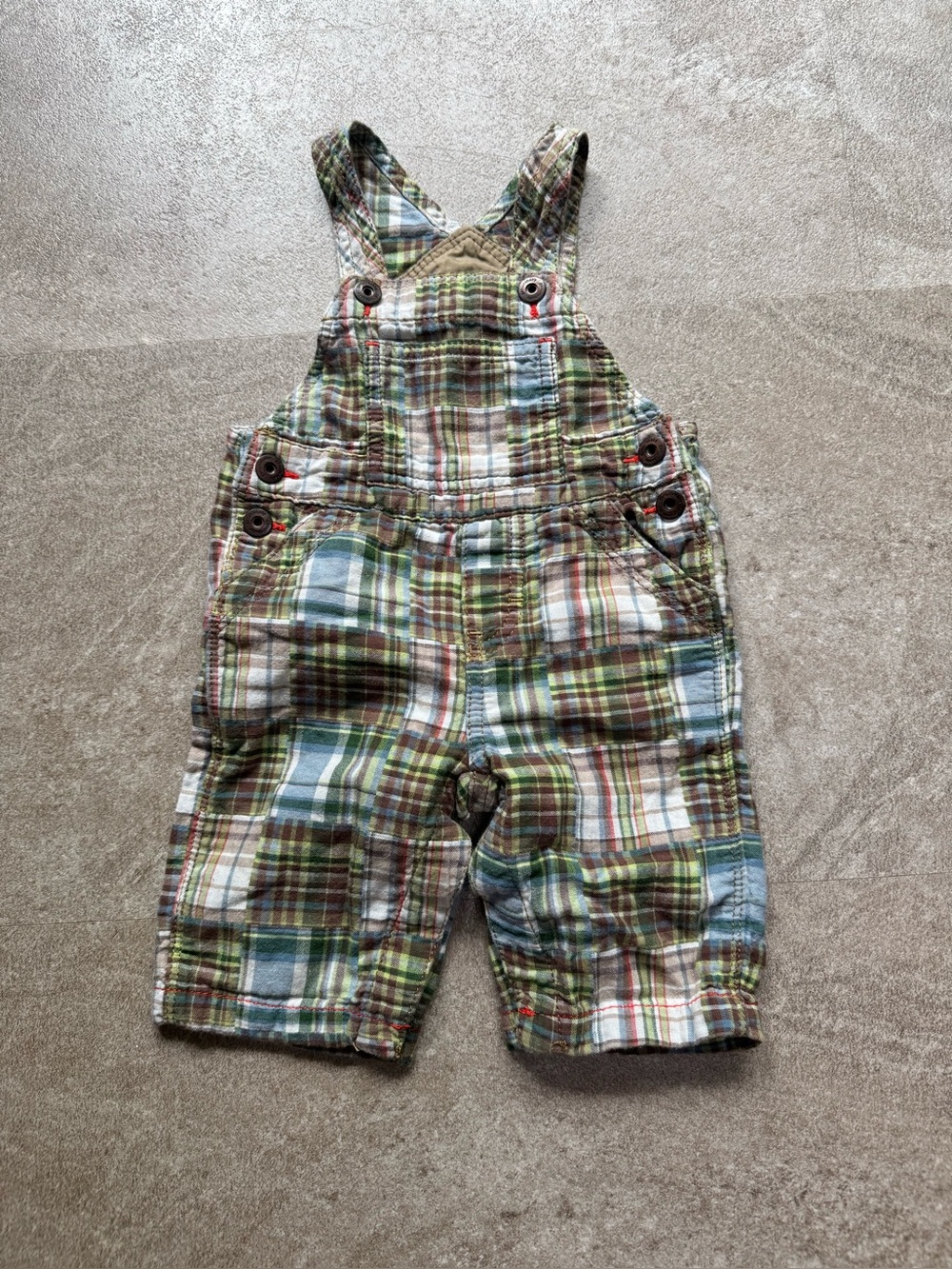 Genuine Baby OshKosh Plaid Patchwork Overalls 6M Earth Tone Snaps Gorpcore